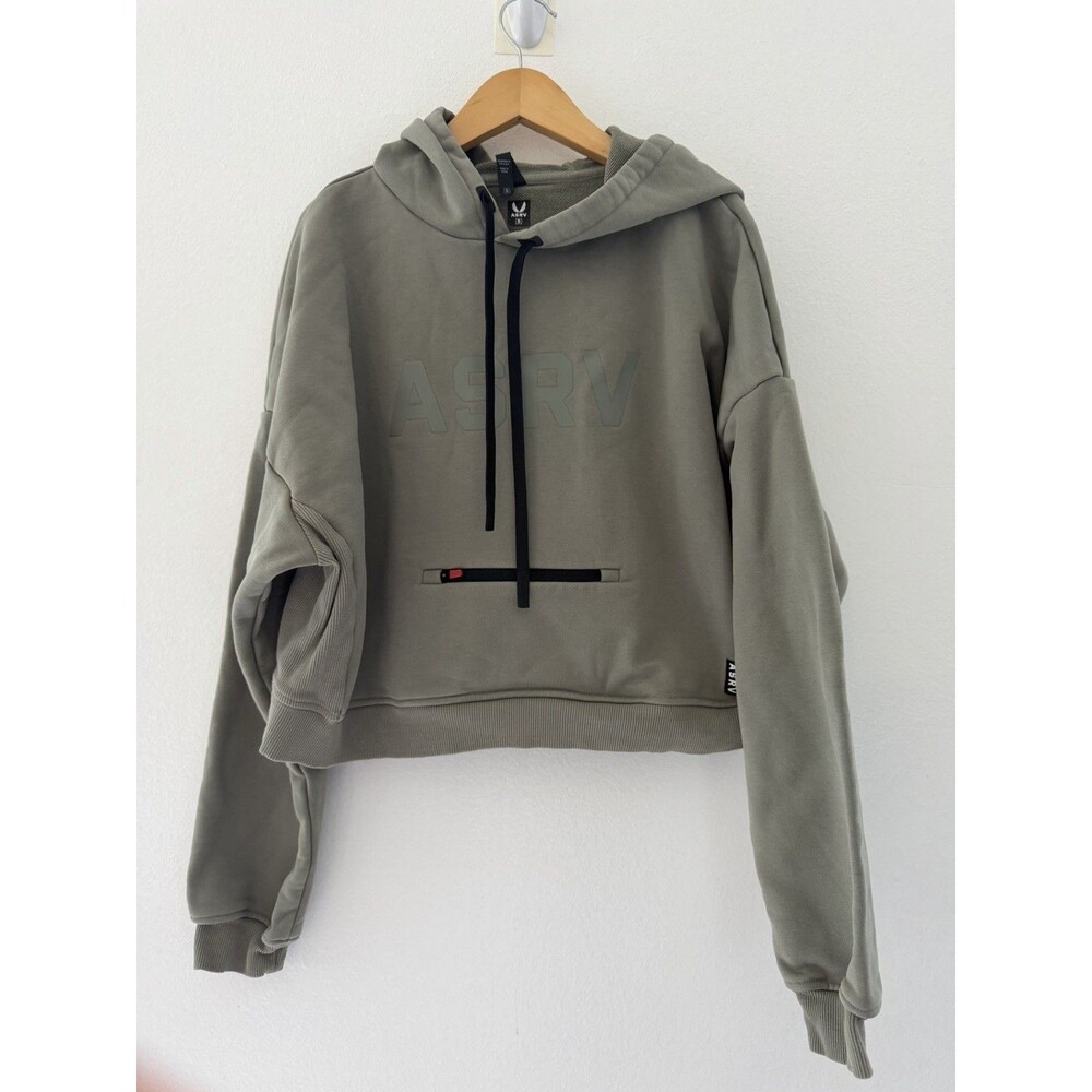 ASRV Cropped French Terry Pullover Hoodie Sage Green Tech Pocket Size S
